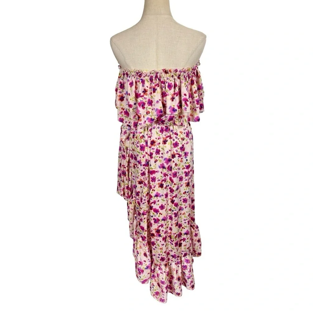 MISA Los Angeles Sabella Strapless Ruffle Tie Waist Midi Dress in Fuchsia Floral